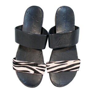 ANESHA Tierra $120 Black Zebra Leather/Hair Calf Slide Sandals 39/8-8.5